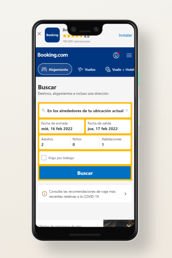 Booking.com, versión sitios web para móviles