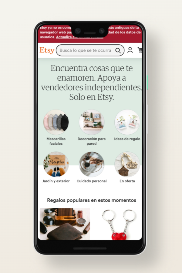 Etsy, versión sitios web para móviles