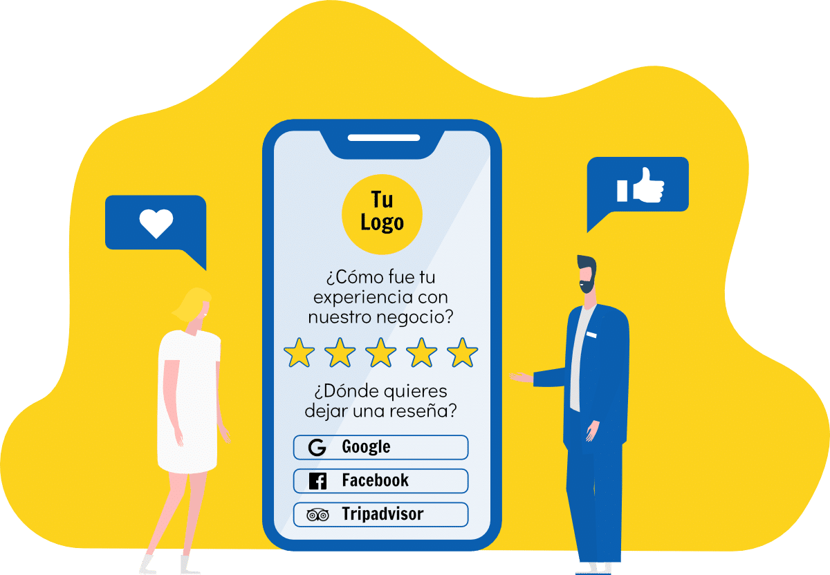 Ilustración de un chico y una chica rellenando un formulario para dejar una reseña online