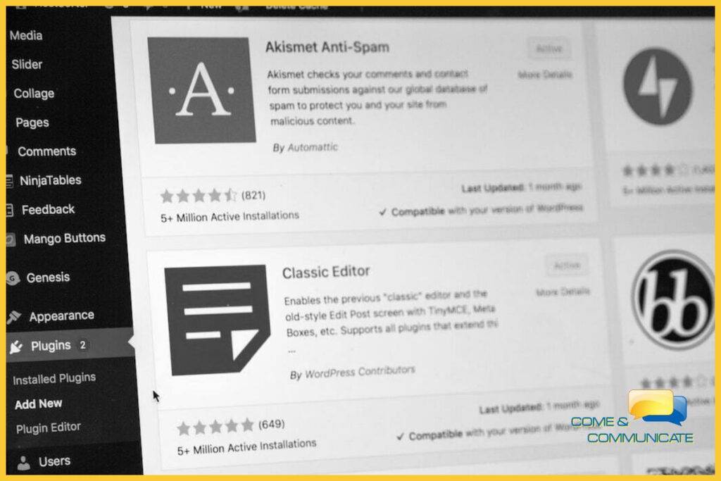 Pantallazo de plugins de WordPress donde se ve el plugin Akismet Anti-Spam.