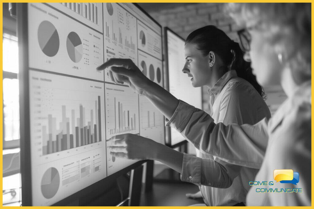 Analizando las métricas y los KPIs en un gráfico ascendente para medir el éxito y el ROI de la estrategia de redes sociales.