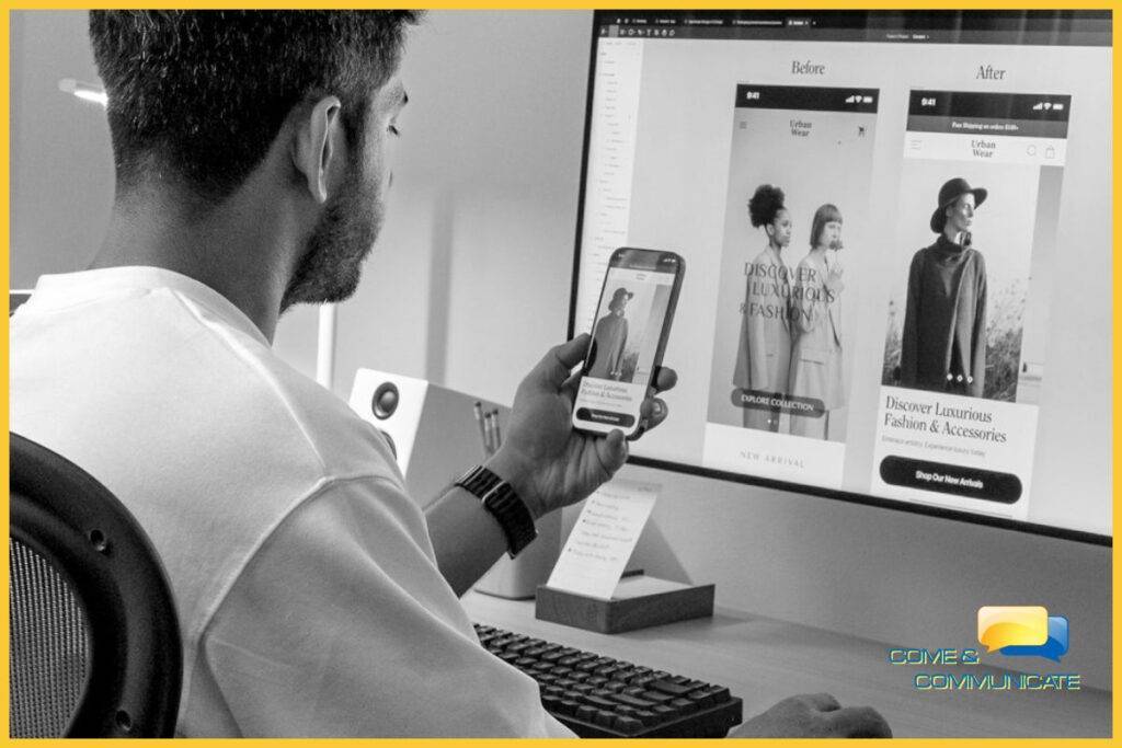 Un diseñador UX/UI trabajando en su escritorio, comparando el diseño de una app de moda en su smartphone con las versiones 