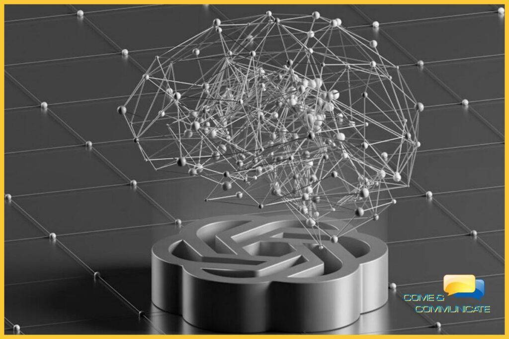 Ilustración conceptual en blanco y negro que muestra una compleja red neuronal de 'alambre' con forma de cerebro humano flotando sobre el logotipo físico de OpenAI (creadores de ChatGPT). Logotipo de Come & Communicate en la esquina.